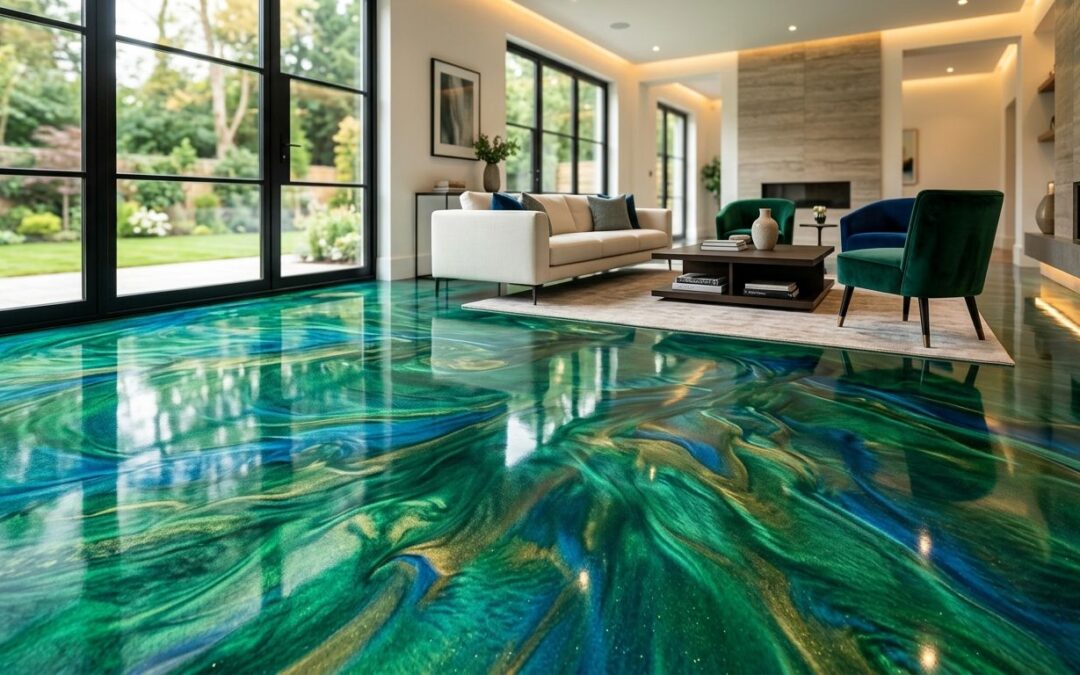 Modern living room with a luxurious metallic epoxy floor in emerald and sapphire jewel tones