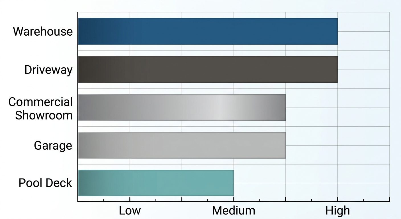 Horizontal bar chart comparing labor intensity across five industrial epoxy flooring applications in Western Canada