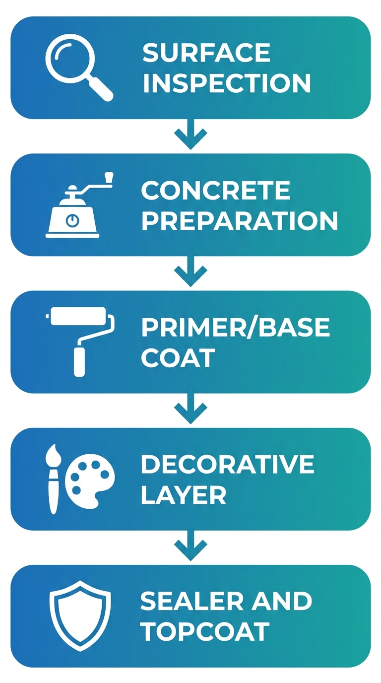 Vertical process flow diagram showing five stages of decorative concrete installation: Surface inspection, Concrete preparation, Primer or base coat, Decorative layer, and Sealer and topcoat, each with white icons and downward arrows on a blue-to-teal gradient background.