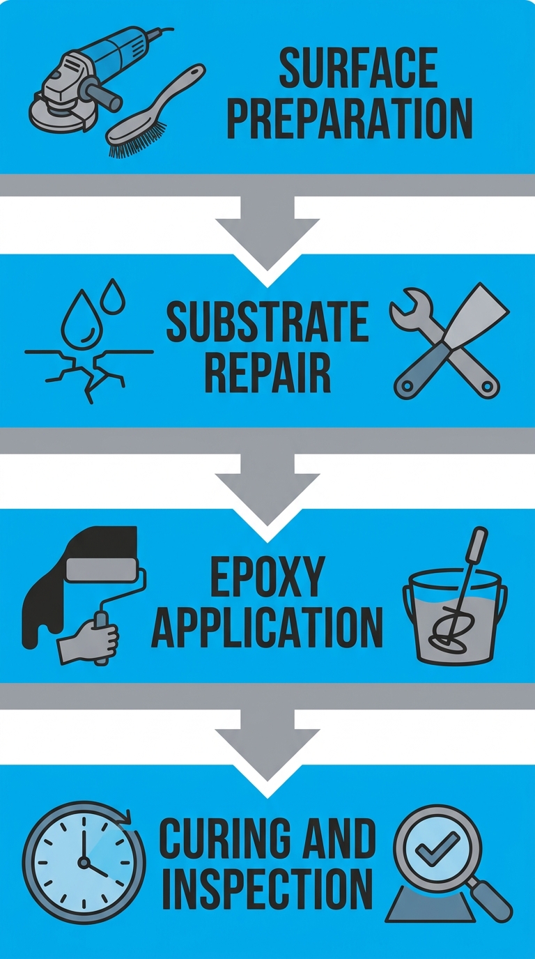 Vertical process flow showing four stages of epoxy floor preparation and installation including surface preparation, substrate repair, epoxy application, and curing and inspection.