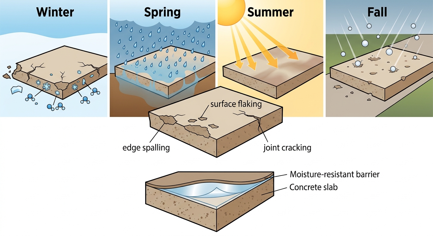 How West Kelowna Weather Affects Your Concrete - seasonal climate panels showing freeze-thaw cracks, rain penetration, UV fading, and hail impact with a protective coating cross-section