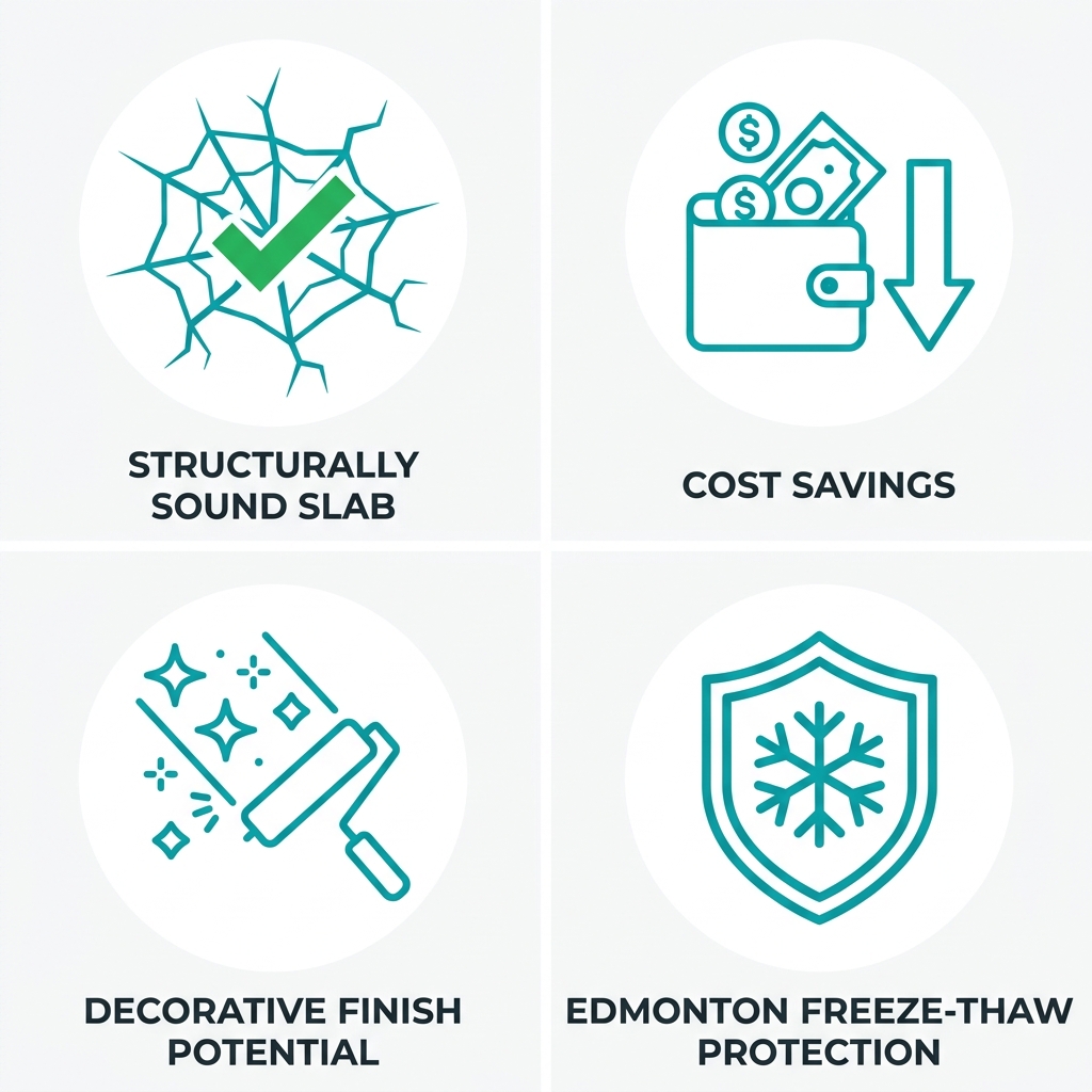 Icon grid showing four signs concrete resurfacing is the better option: surface cracks with green checkmark for structurally sound slabs, wallet with downward arrow for cost savings, paint roller with sparkle for decorative finishes, shield with snowflake for freeze-thaw protection in Edmonton