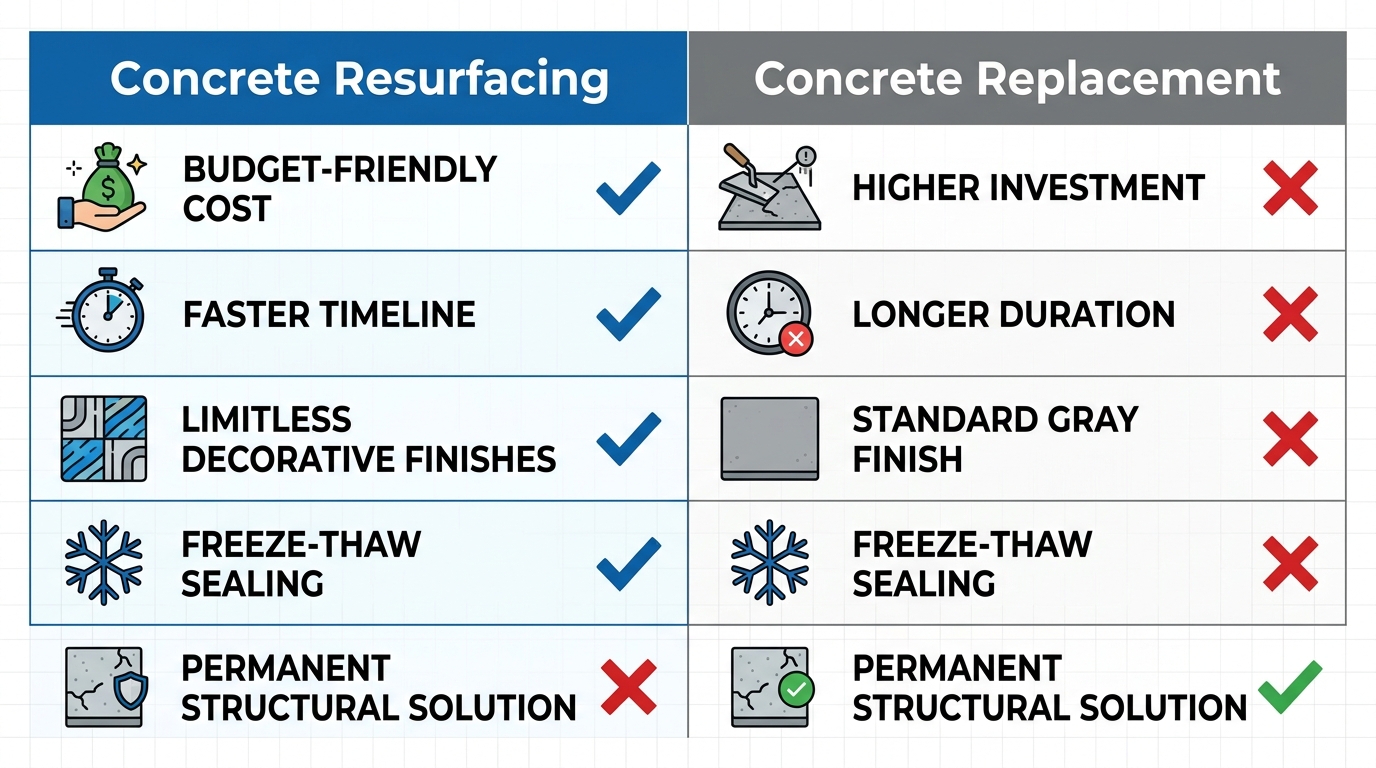 Comparison infographic: concrete resurfacing vs replacement for Edmonton properties