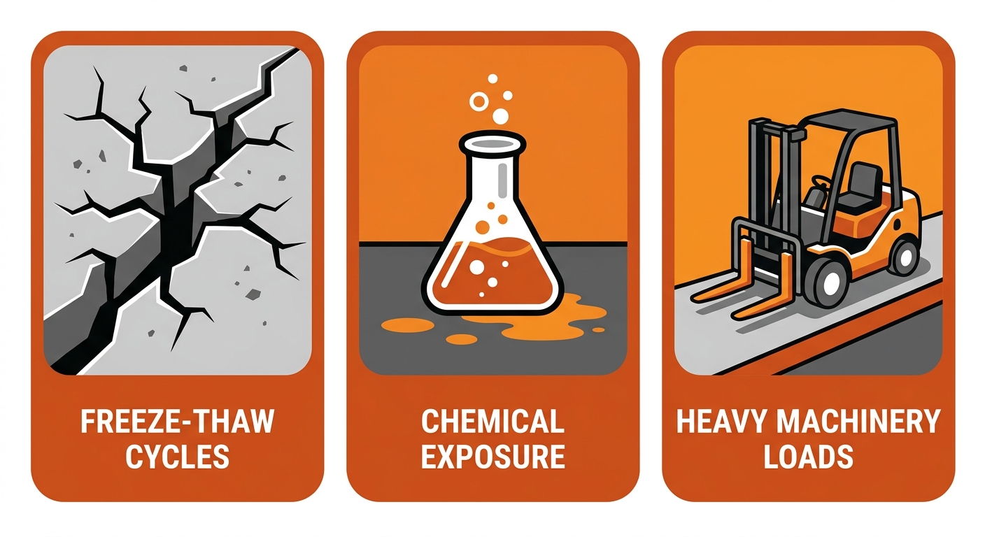 Infographic showing three industrial floor challenges in West Kelowna: freeze-thaw cycles, chemical exposure, and heavy machinery loads