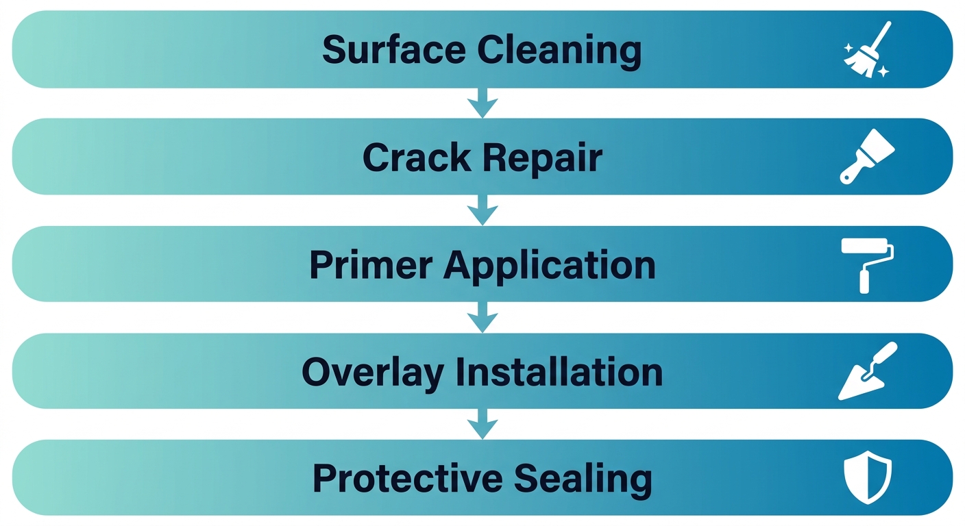 Vertical process flow diagram of concrete resurfacing steps: surface cleaning, crack repair, primer application, overlay installation, and protective sealing, with white icons and downward arrows on a gradient teal-to-blue background.