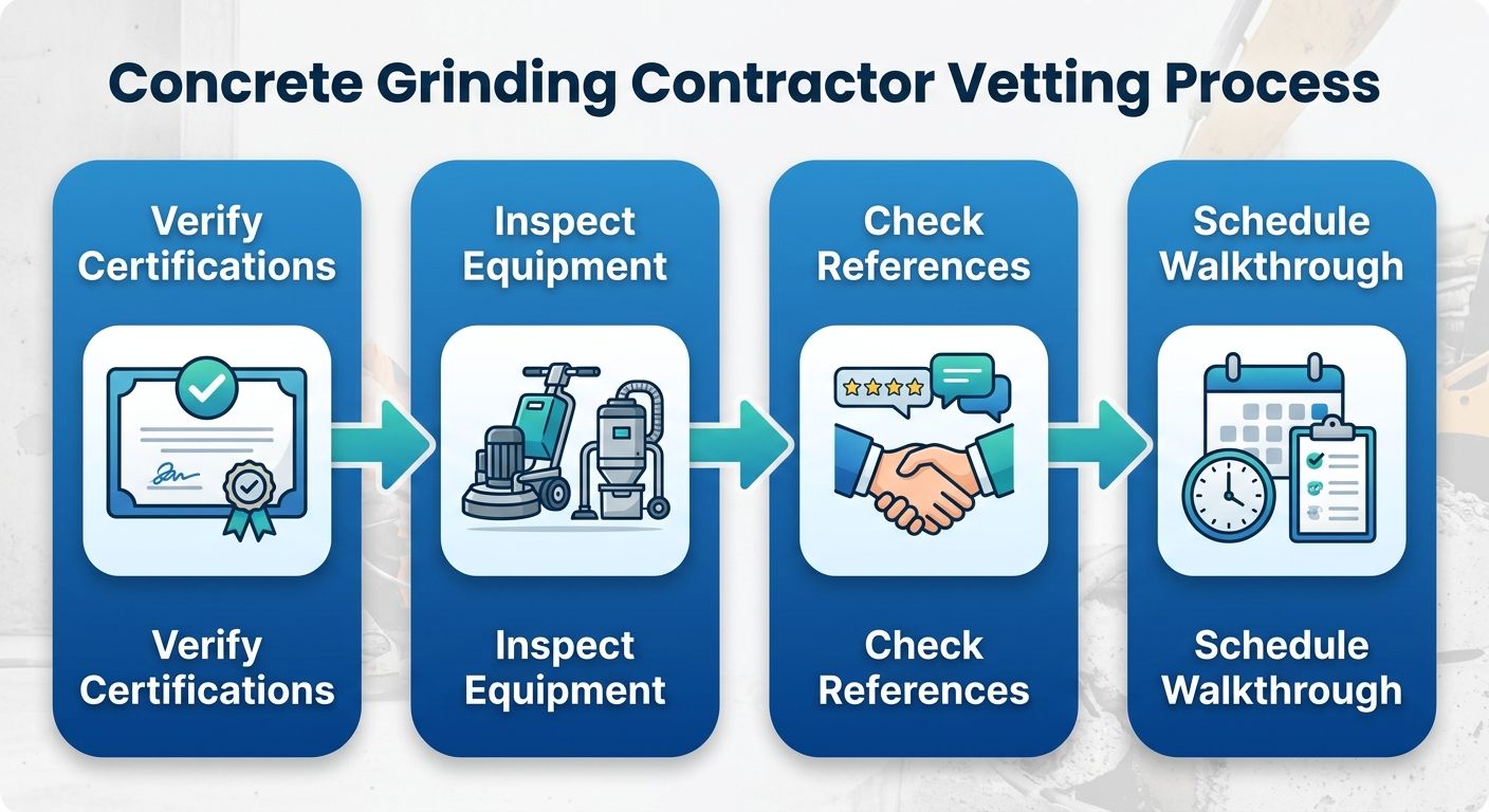 Four-step horizontal process flow for vetting a concrete grinding contractor in Edmonton, with steps: Verify Certifications, Inspect Equipment, Check References, and Schedule Walkthrough.