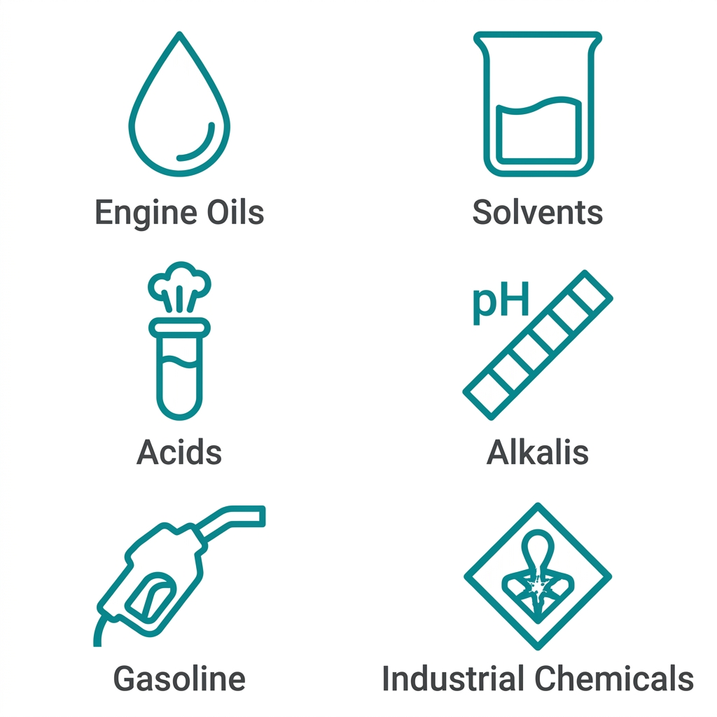 Six outline icons showing engine oil, solvent, acid, alkali, gasoline, and industrial chemical symbols