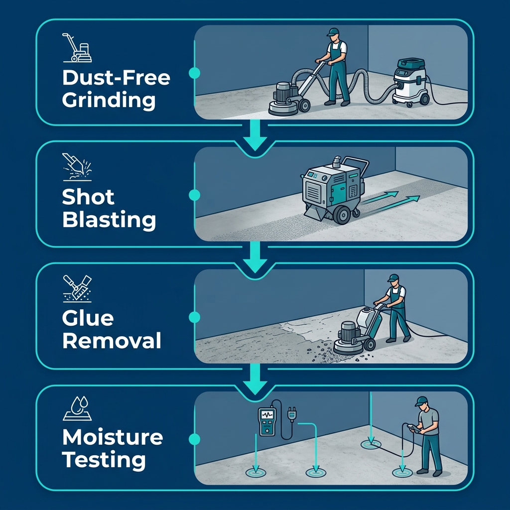Process flow diagram for Epo-Tech basement epoxy surface preparation steps in Edmonton, showing diamond grinding, shot blasting, glue removal, and moisture testing.