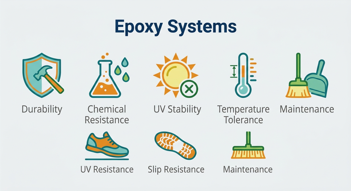 Comparison infographic of Epoxy Systems flooring features including durability, chemical resistance, UV stability, temperature tolerance, slip resistance, and maintenance with matching icons.