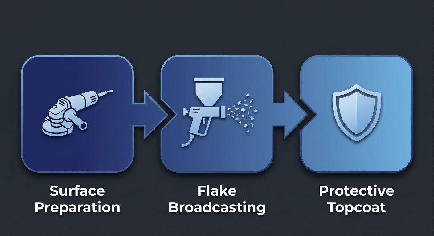 Three-stage horizontal process flow for full-broadcast flake epoxy installation, showing surface preparation, flake broadcasting, and protective topcoat stages with icons
