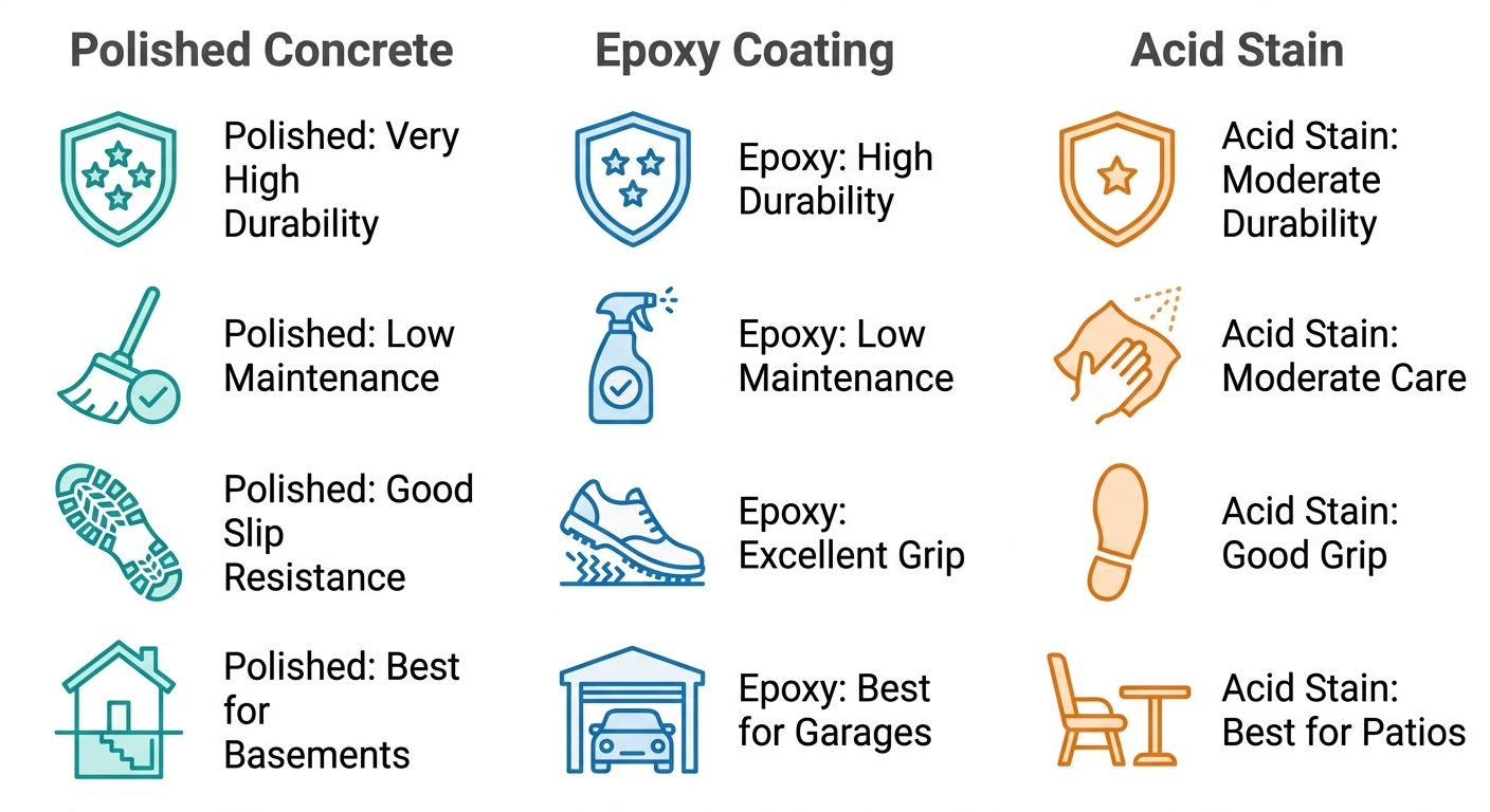 Three-column infographic comparing Polished Concrete, Epoxy Coating, and Acid Stain floor finishing options. Each column shows four attributes: durability, maintenance, slip resistance, and best application area, using flat icons and labels on a white background.