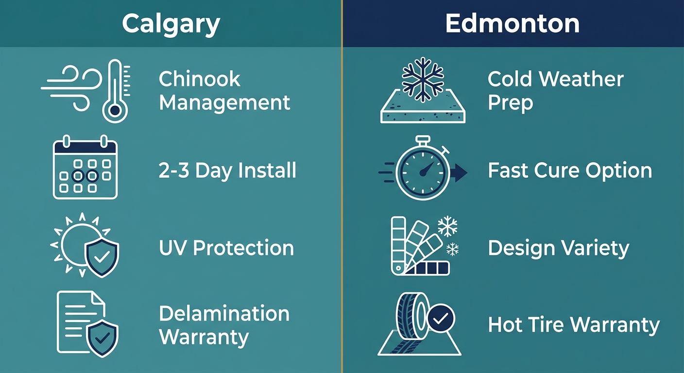 Infographic comparing Calgary and Edmonton epoxy garage floor options, with two columns listing four features each with icons and labels.