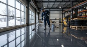 A professional photograph of an industrial warehouse floor being coated with glossy epoxy by a technician in protective suit, with forklift pallets reflecting on the seamless surface and Canadian winter visible through windows.