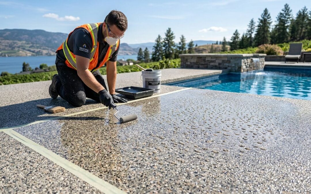 A textured pool deck in Kelowna, British Columbia, coated with a clear polyaspartic topcoat, with sunlight highlighting the slip-resistant surface and beading water droplets, while a technician in safety gear prepares a sample area.