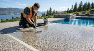 A textured pool deck in Kelowna, British Columbia, coated with a clear polyaspartic topcoat, with sunlight highlighting the slip-resistant surface and beading water droplets, while a technician in safety gear prepares a sample area.