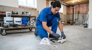 Technician performing moisture testing on a concrete basement floor with calcium chloride test kit and humidity probe