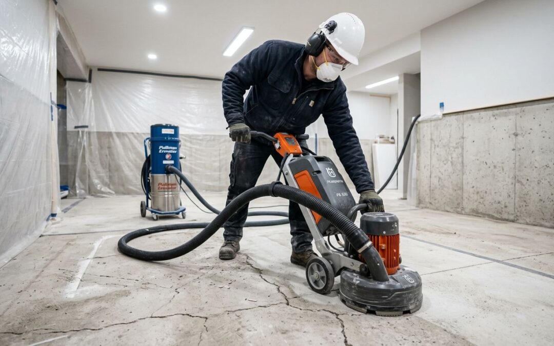 Professional photograph of a technician grinding a concrete floor in a basement, wearing safety gear and using a diamond grinder with HEPA vacuum.