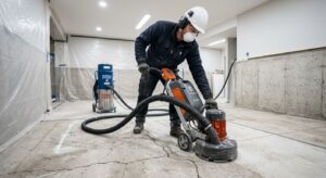 Professional photograph of a technician grinding a concrete floor in a basement, wearing safety gear and using a diamond grinder with HEPA vacuum.