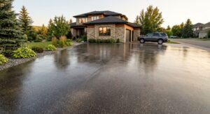 Glossy metallic epoxy driveway leading to a modern home in Alberta during golden hour, with a parked SUV and decorative flake texture.