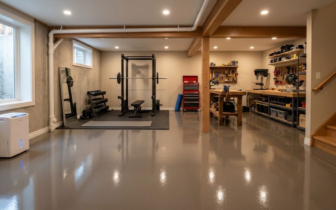 Wide-angle view of a finished residential basement in Western Canada with a glossy epoxy floor, featuring a subtle texture from diamond grinding and a dehumidifier in the corner. The space is used as a home gym and workshop, with natural light from a window well highlighting the floor's smooth, moisture-resistant surface.