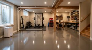 Wide-angle view of a finished residential basement in Western Canada with a glossy epoxy floor, featuring a subtle texture from diamond grinding and a dehumidifier in the corner. The space is used as a home gym and workshop, with natural light from a window well highlighting the floor's smooth, moisture-resistant surface.