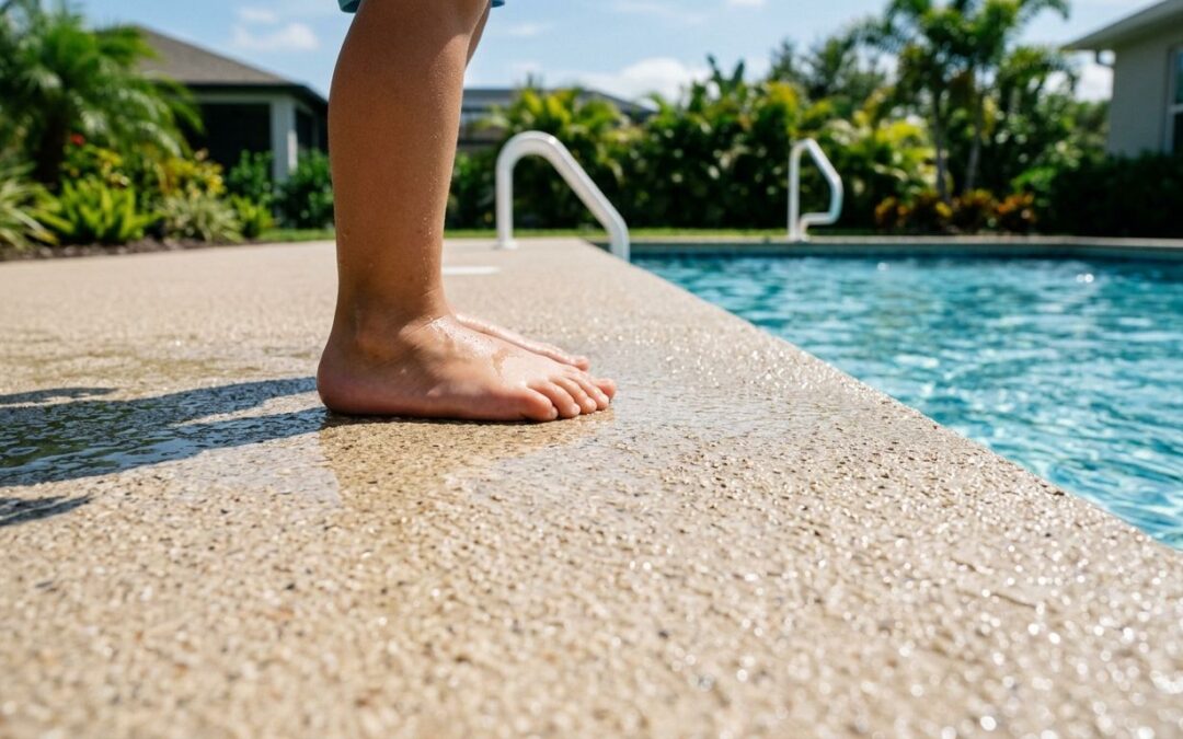 Residential outdoor pool deck with textured slip-resistant coating wet from splashing water, a child's bare foot safely stepping on the surface, bright sunny day with blue sky and greenery, low angle shot emphasizing durability and safety.