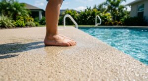 Residential outdoor pool deck with textured slip-resistant coating wet from splashing water, a child's bare foot safely stepping on the surface, bright sunny day with blue sky and greenery, low angle shot emphasizing durability and safety.