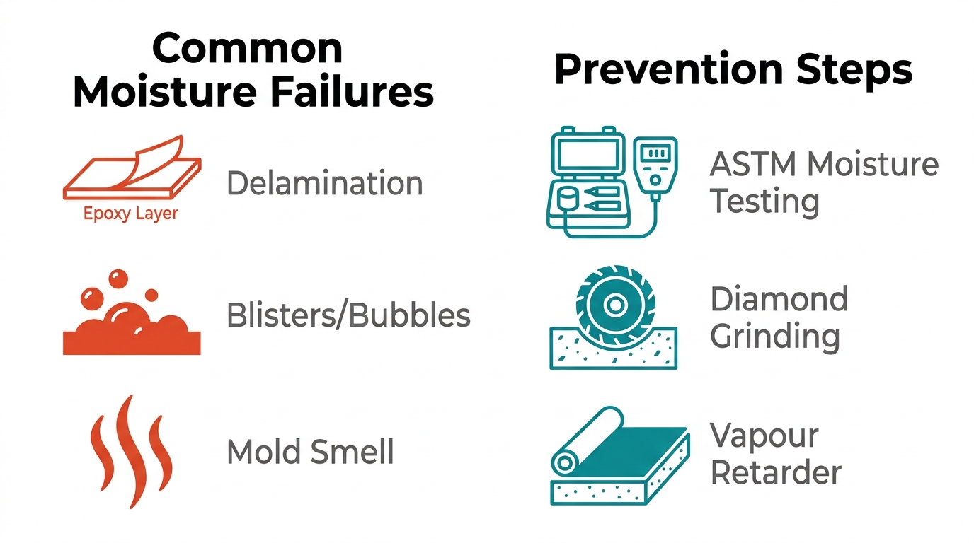 Two-column infographic comparing common moisture failures in epoxy flooring with prevention steps