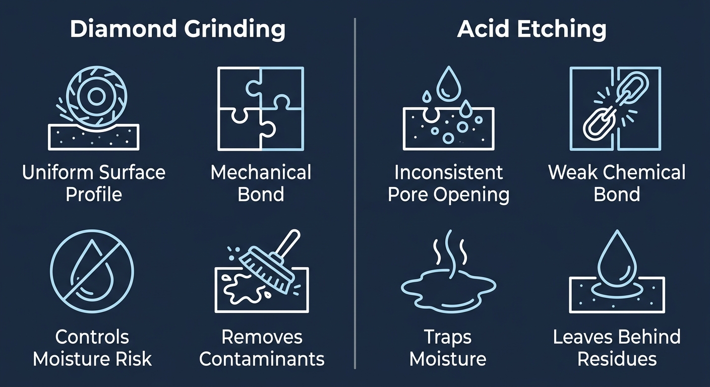 Infographic comparing diamond grinding and acid etching for concrete surface preparation. Diamond grinding: uniform surface profile, mechanical bond, controls moisture risk, removes contaminants. Acid etching: inconsistent pore opening, weak chemical bond, traps moisture, leaves behind residues.