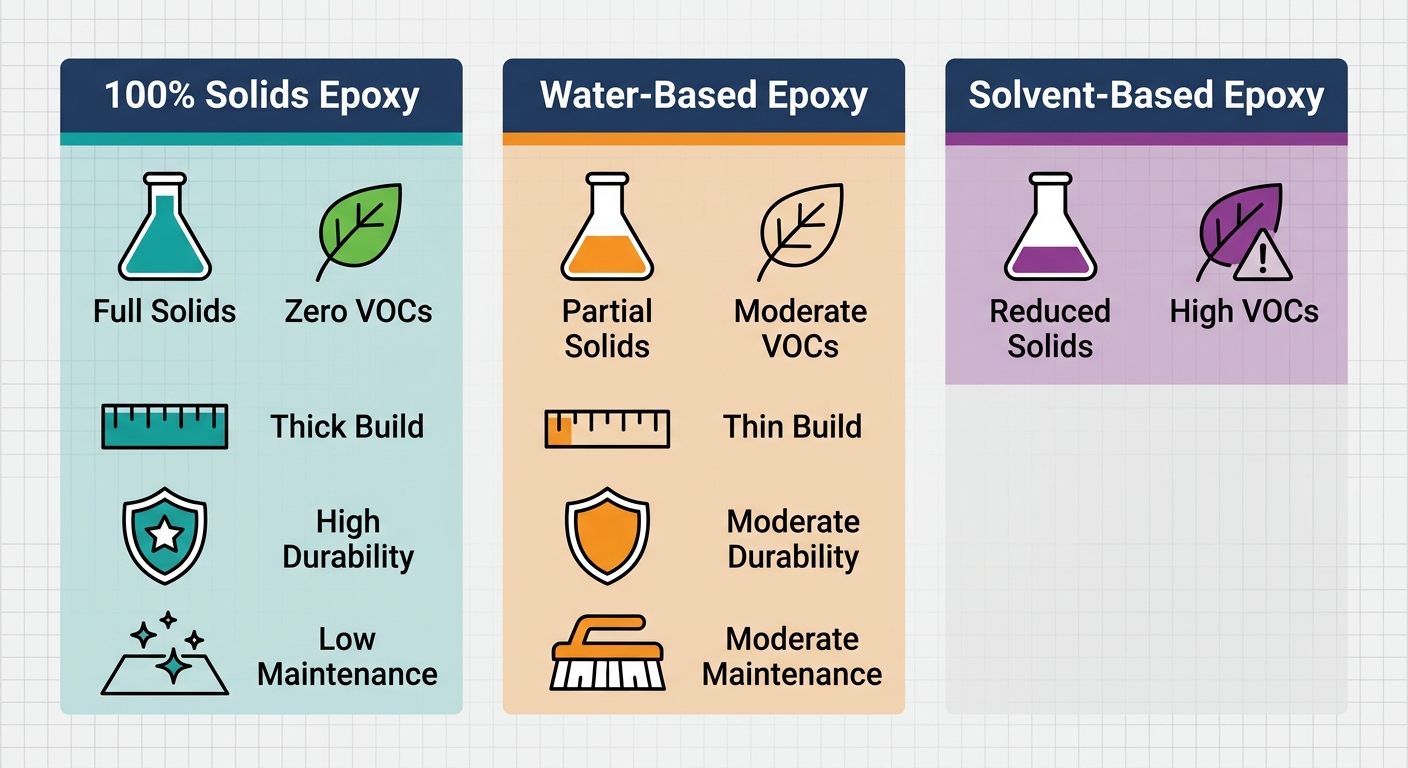 Three-column infographic comparing 100% solids epoxy, water-based epoxy, and solvent-based epoxy flooring with icons and labels for solids, VOCs, build, durability, and maintenance