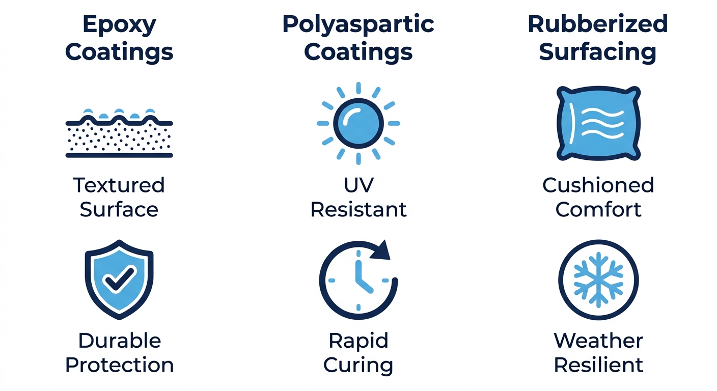 Infographic with three columns comparing pool deck coating types for Canadian climates: Epoxy Coatings (Textured Surface, Durable Protection), Polyaspartic Coatings (UV Resistant, Rapid Curing), Rubberized Surfacing (Cushioned Comfort, Weather Resilient).